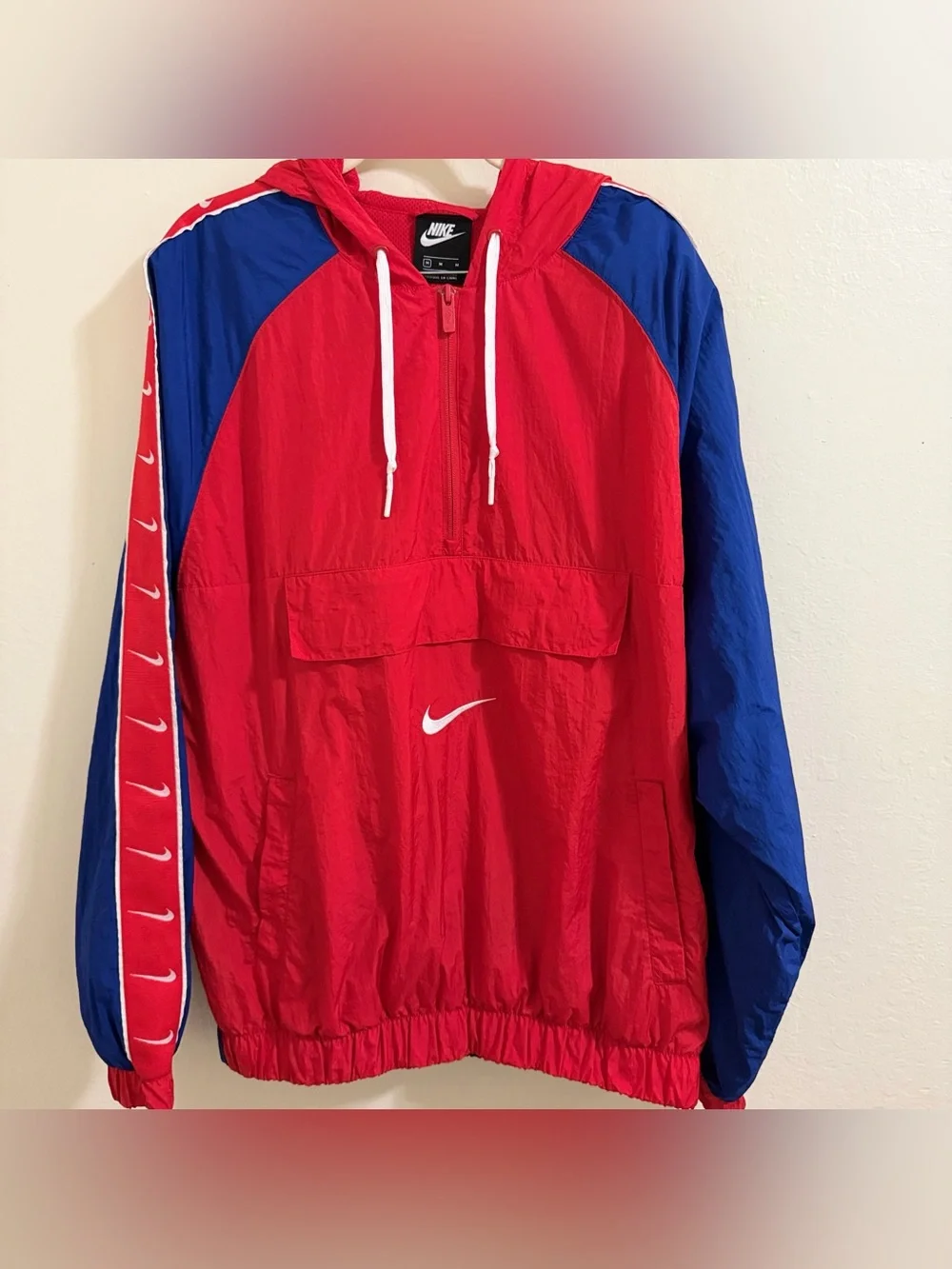 Nike Big Swoosh Anorak Windbreaker Jacket Mens M Colorblock Red Blue VTG Style